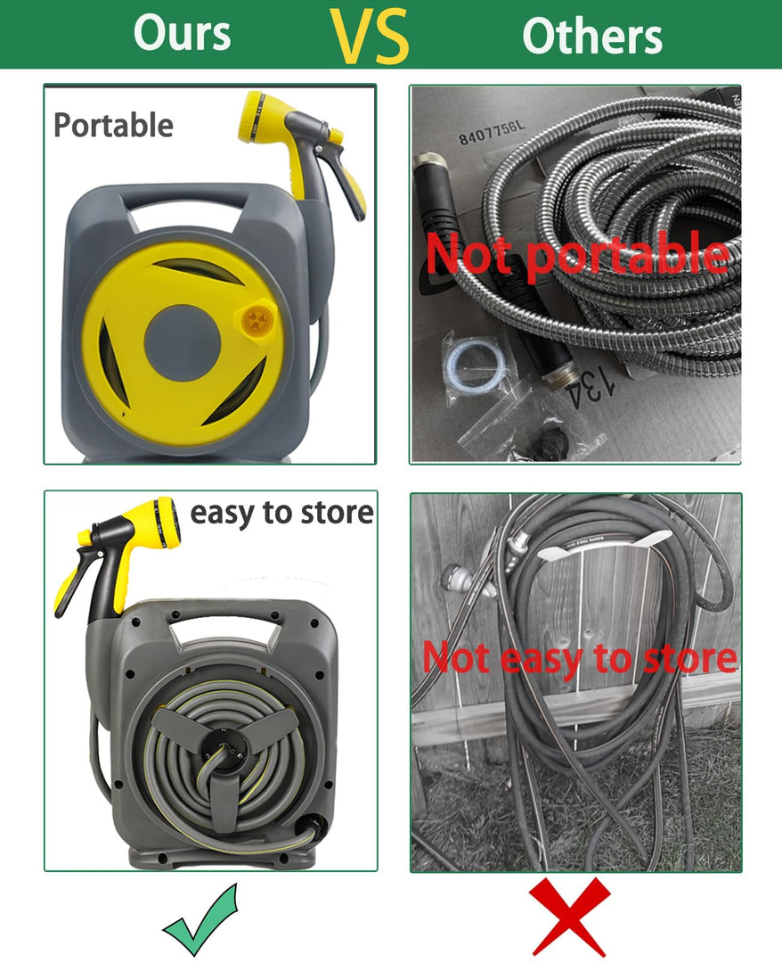 50ft Expandable Garden Hose with Reel – Lightweight Flexible Water Hose with 8-Pattern Nozzle, Anti-Leak Design, Fits 1/2” & 3/4” Faucets