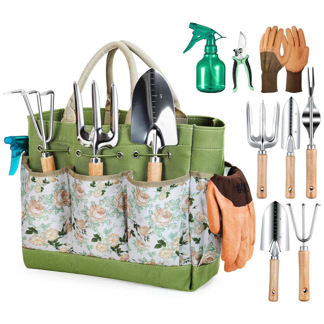 Gardening Tools 9-Piece Heavy Duty Garden Hand Tools with Fashion and Durable Garden Tools Organizer Handbag, Rust-Proof Garden Tool Set, Ideal Gardening Gifts for Women